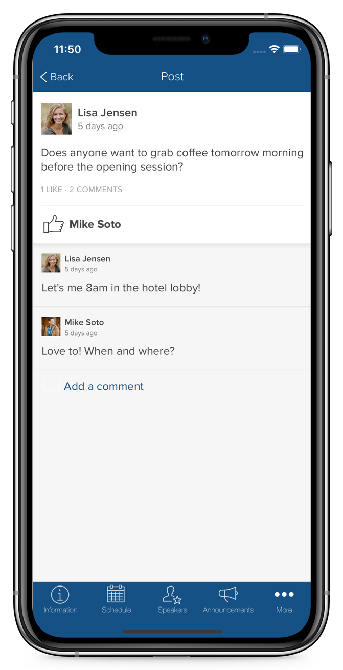 The social feed page allows organizers and attendees to share news, images, and videos and to comment and like them